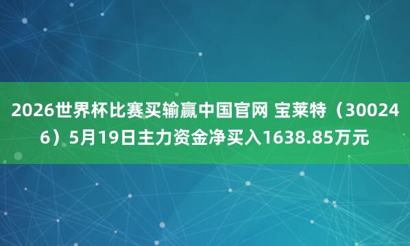 2026世界杯比赛买输赢中国官网 宝莱特（300246）5月19日主力资金净买入1638.85万元